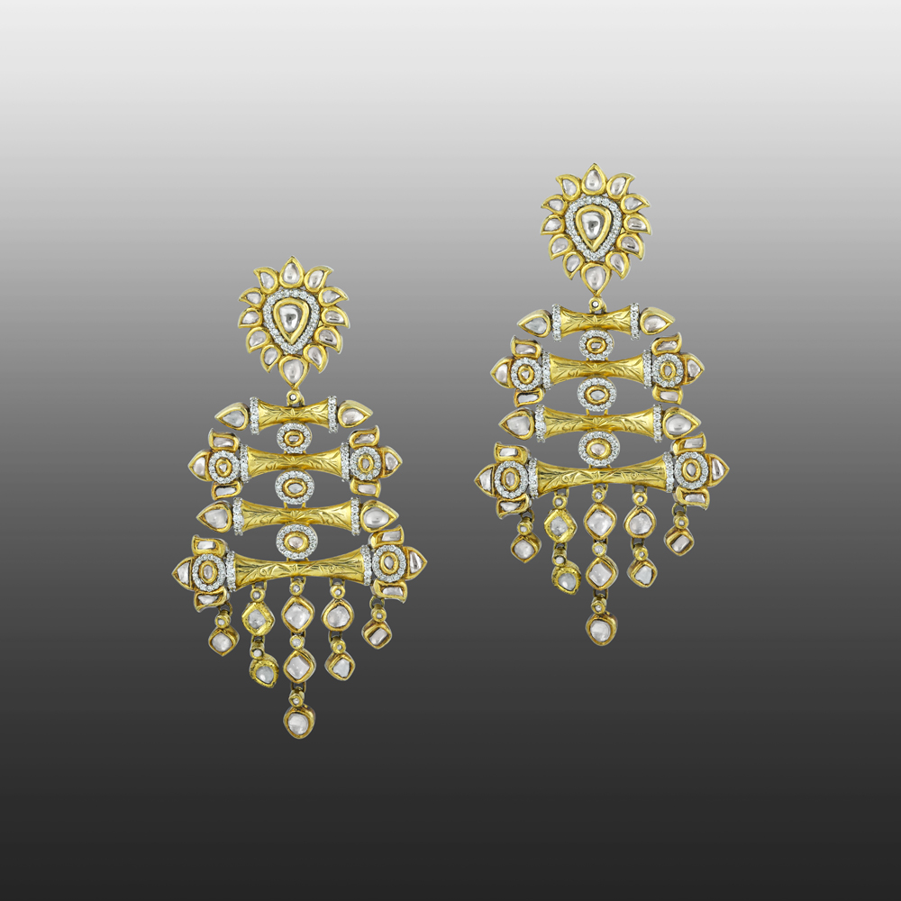 Cascading Polki Golden Chandelier Earrings
